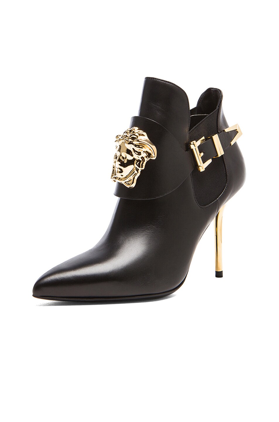 VERSACE Medusa Head Leather Booties in Black & Gold | FWRD