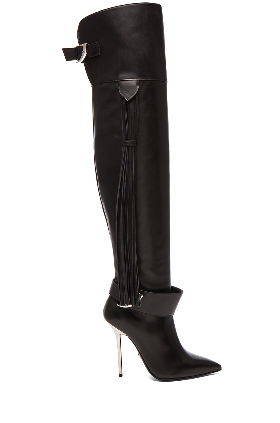 Image 1 of VERSACE Fringe Thigh High Leather Boots in Black & Silver