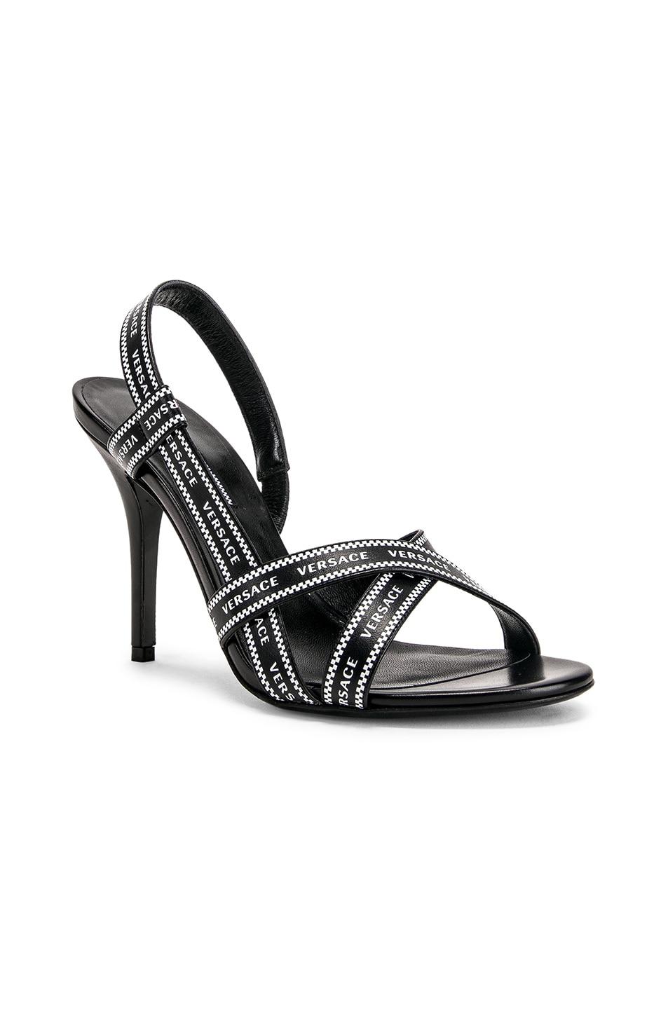 versace black and white logo strap heels