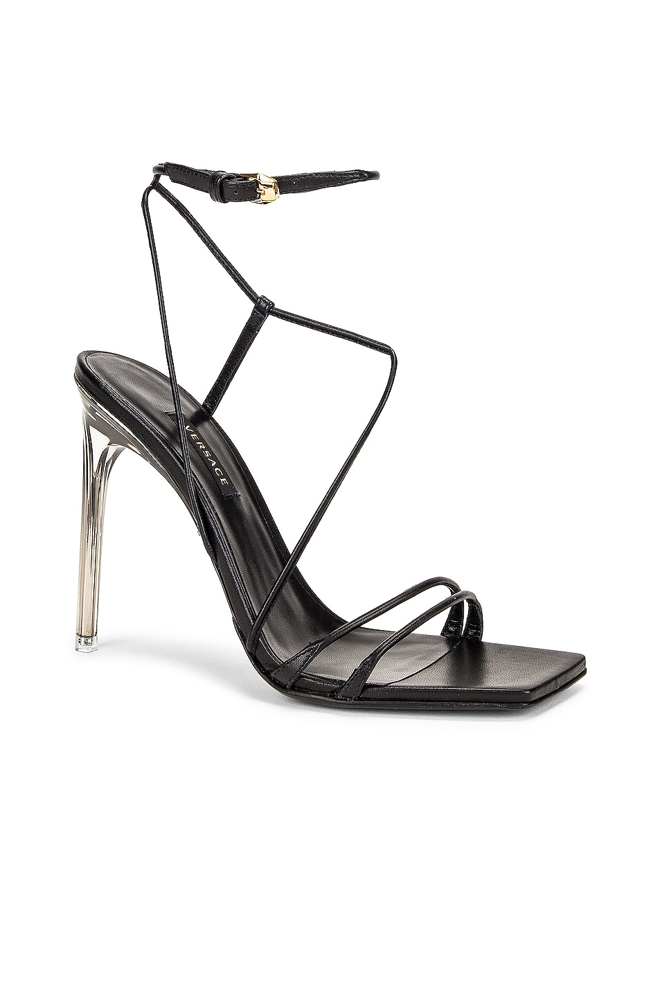 VERSACE Strappy Heels in Black & Gold | FWRD