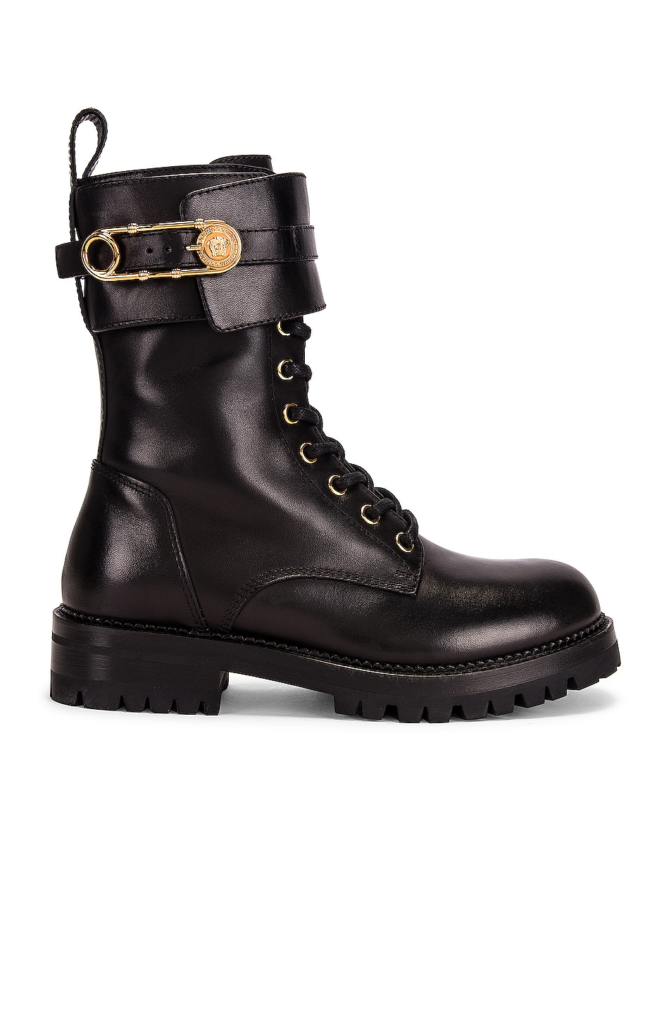 Image 1 of VERSACE Safety Pin Combat Boots in Nero & Oro