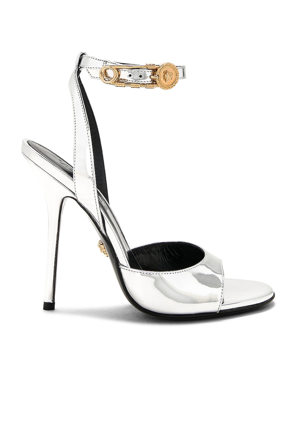 Image 1 of VERSACE Safety Pin Heel Sandals in Argento & Oro