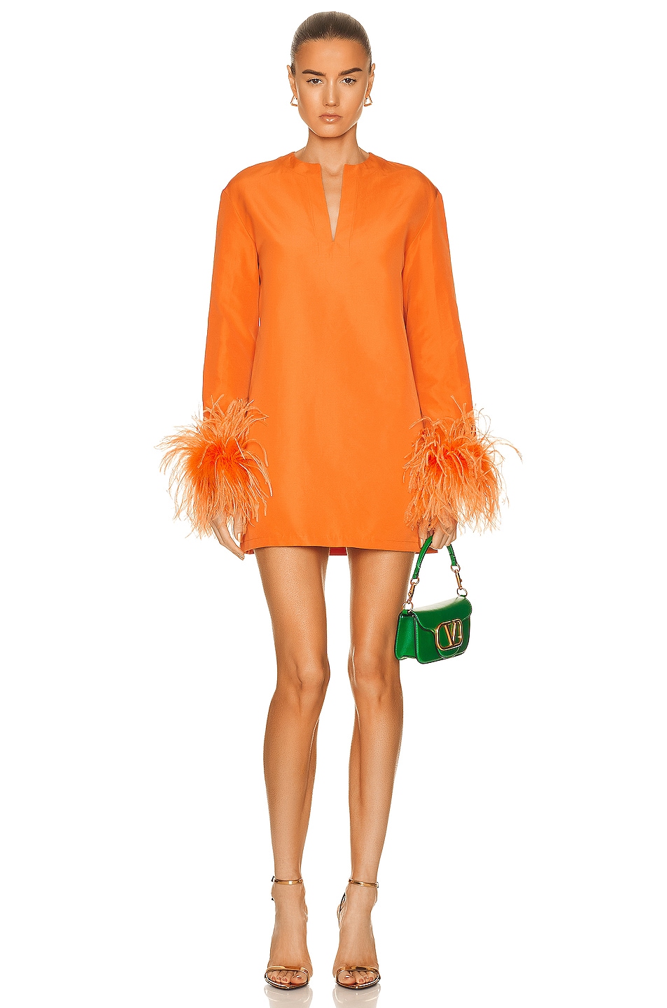 Image 1 of Valentino Long Sleeve Dress With Feathers in Carrot