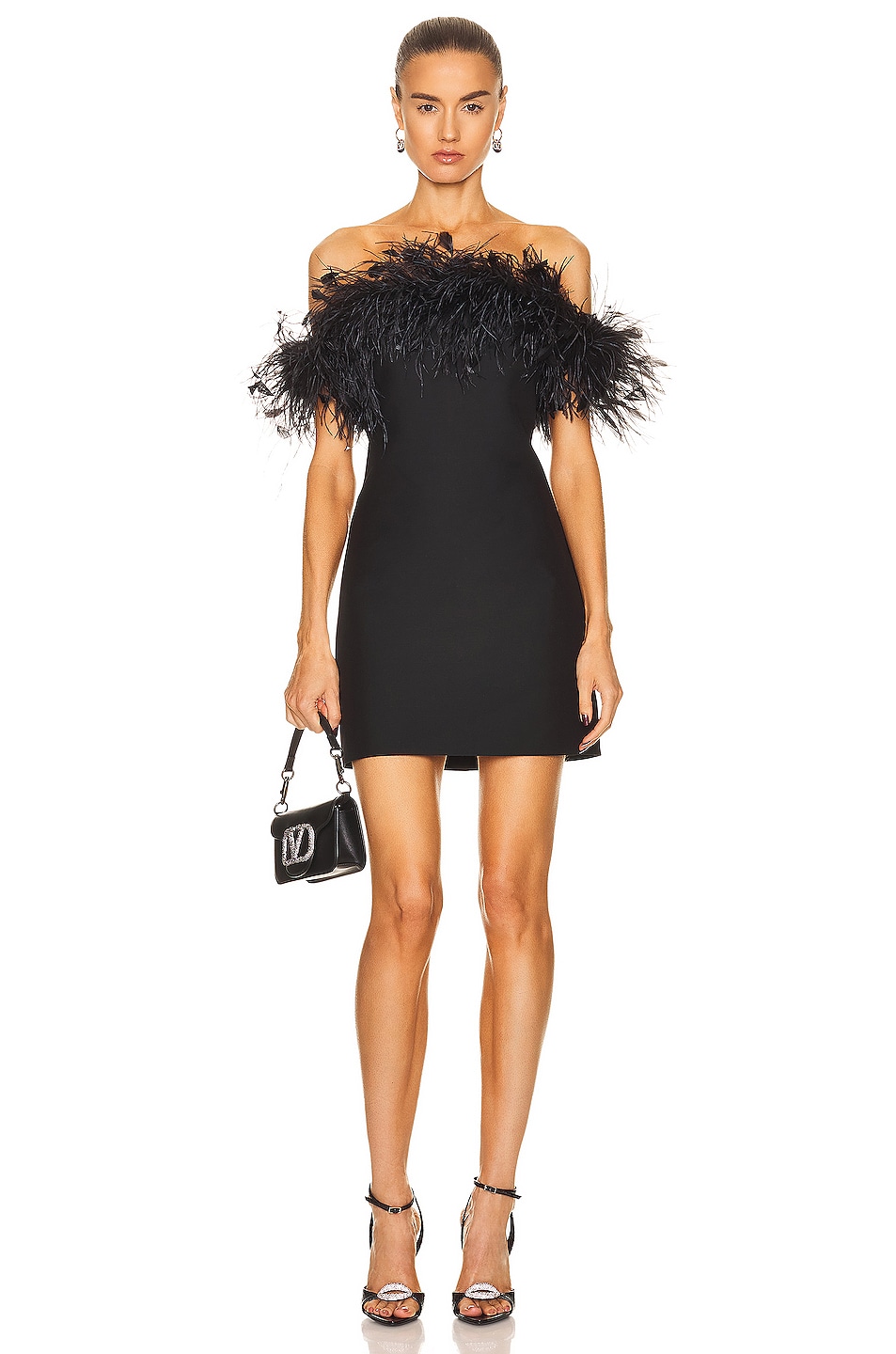 Image 1 of Valentino Off The Shoulder Dress With Feathers in Nero
