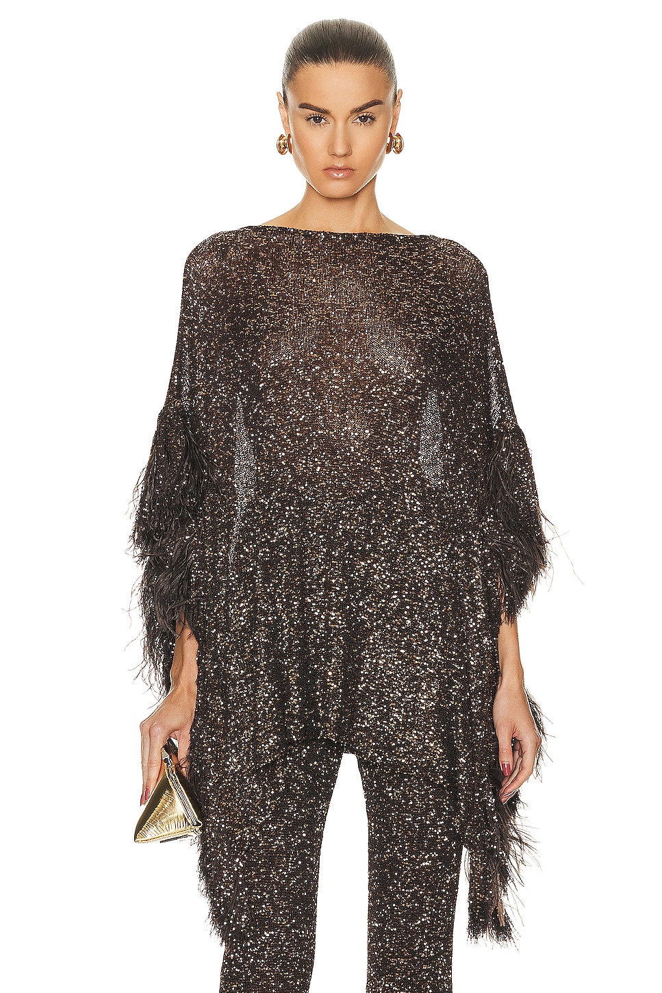 Image 1 of Valentino Embroidered Blend Feather Poncho in Ebano
