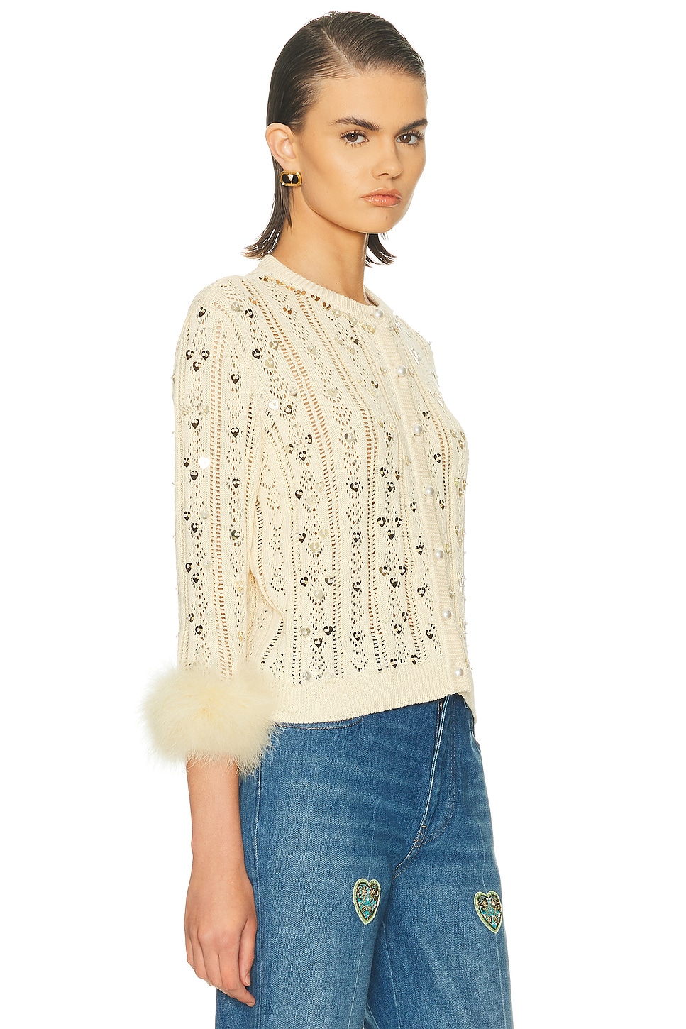 Valentino Embroidered Feather Cuff Cardigan In Neutral