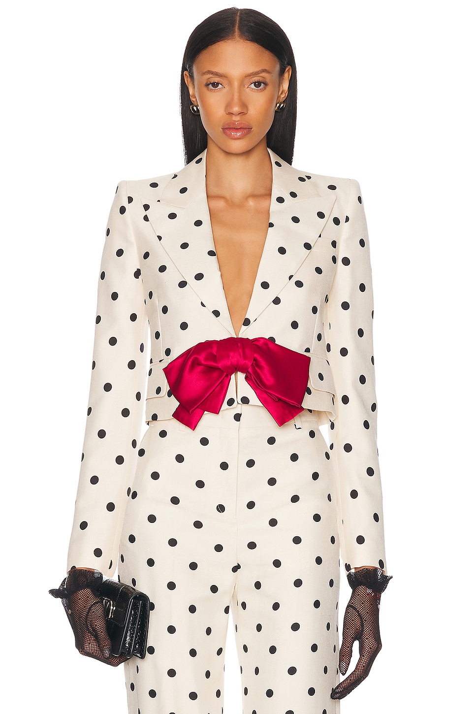 Valentino Bow-embellished Polka-dot Silk-shantung Jacket In Betulla & Nero