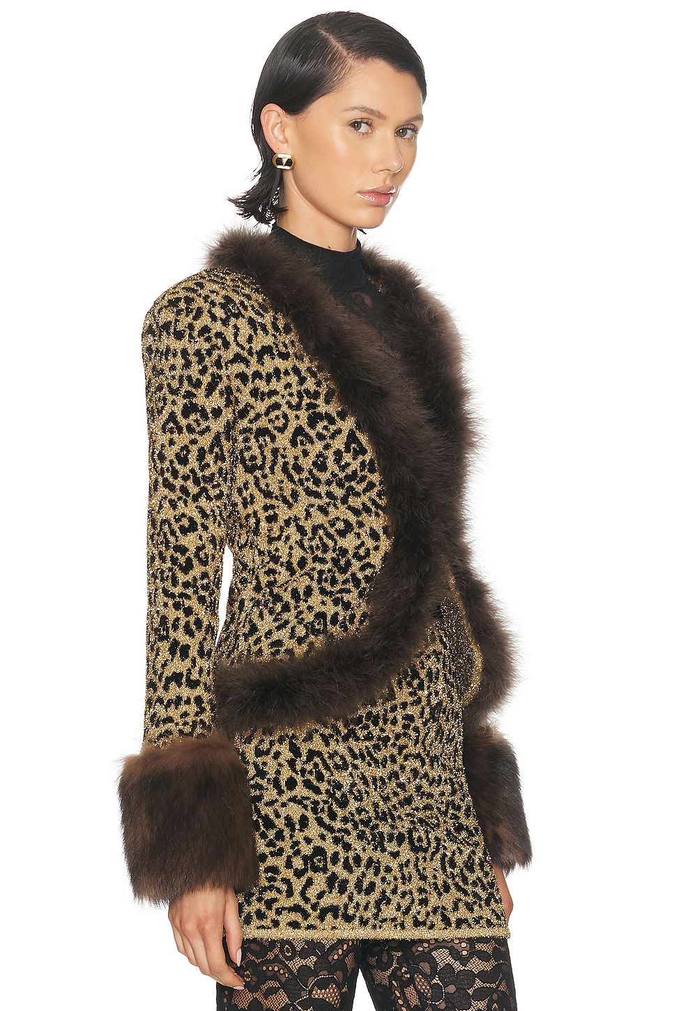 Valentino Feather And Shearling-trimmed Leopard-jacquard Lurex Cardigan In Animal Print