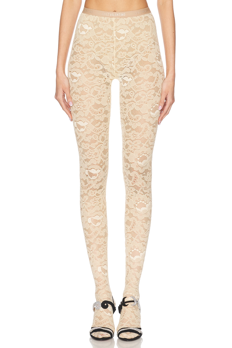 Valentino Beige Floral Lace Tights With Logo Waistband In Betulla