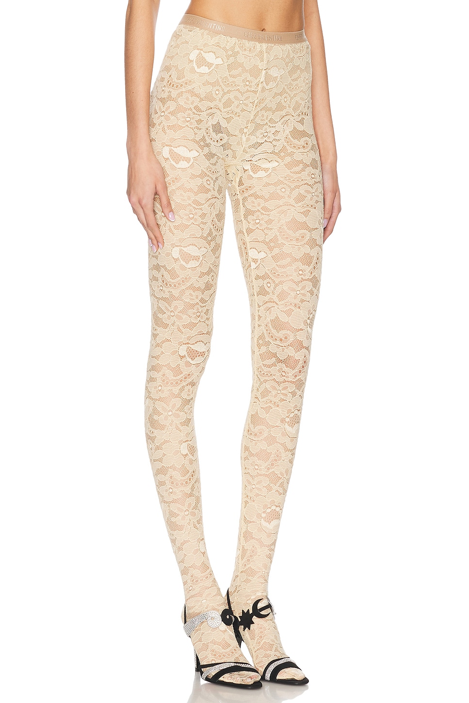 Valentino Beige Floral Lace Tights With Logo Waistband In Betulla