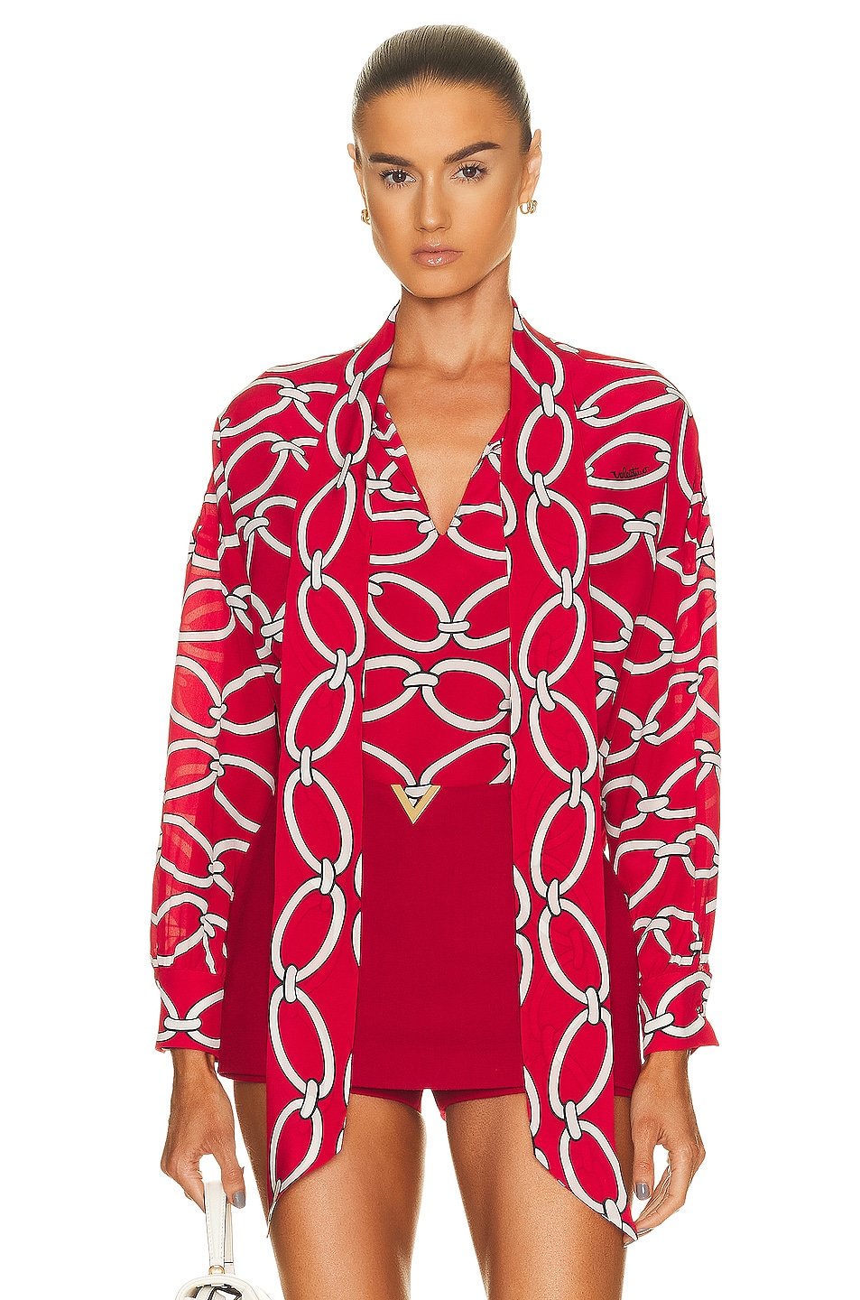 Image 1 of Valentino Chain Neck Tie Blouse in Red