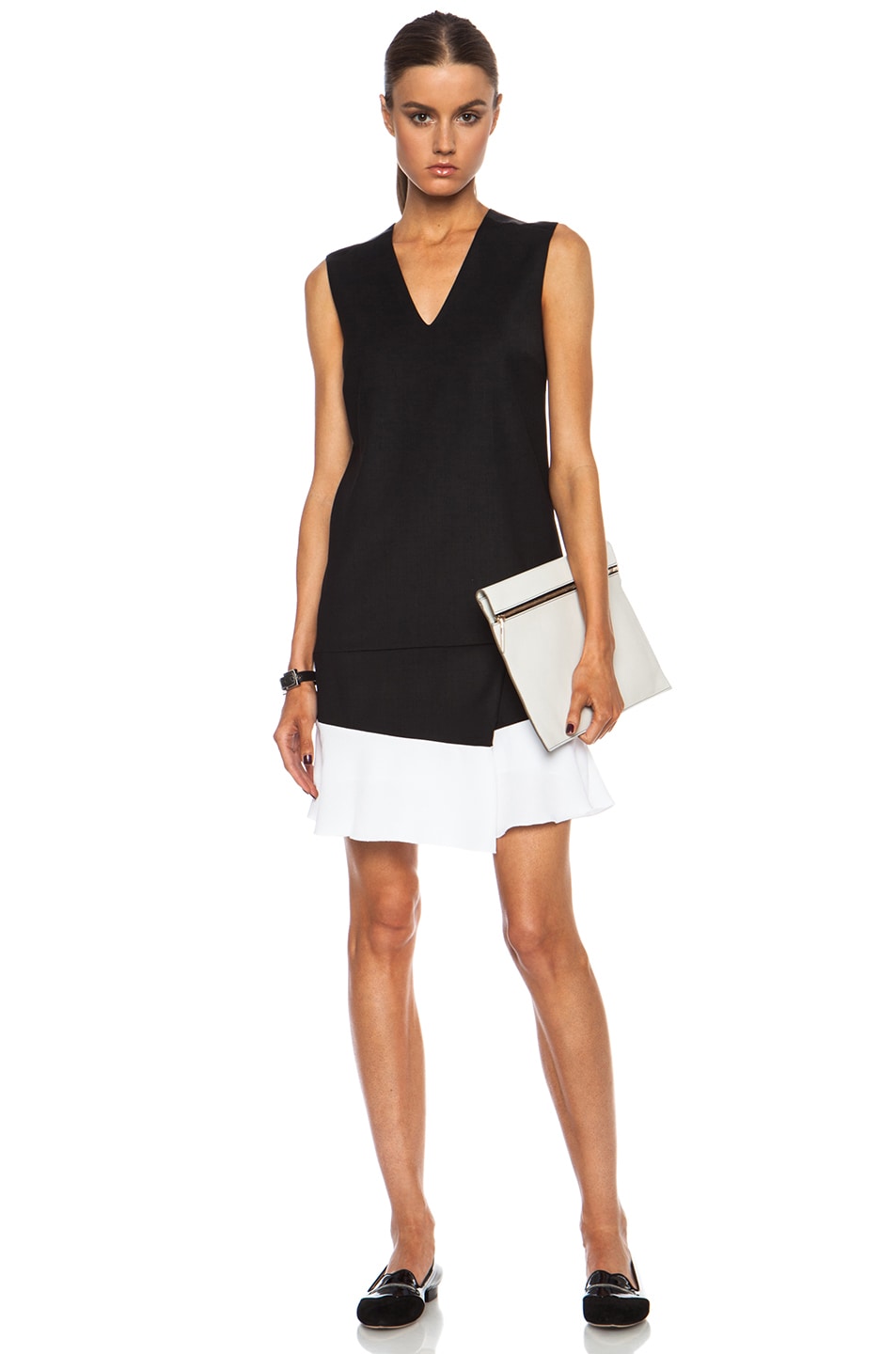 Image 1 of Victoria Victoria Beckham Asymmetric Skirt Shift Viscose-Blend Dress in Black & Off White