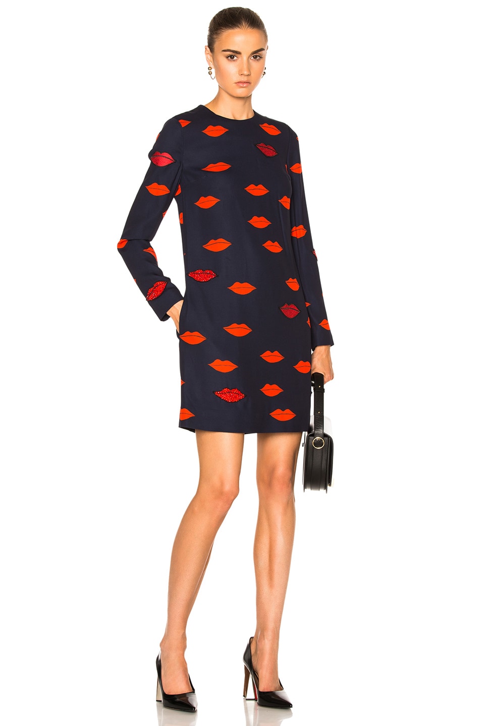 Image 1 of Victoria Victoria Beckham Patch Applique Shift in Navy & Red Scattered Lips