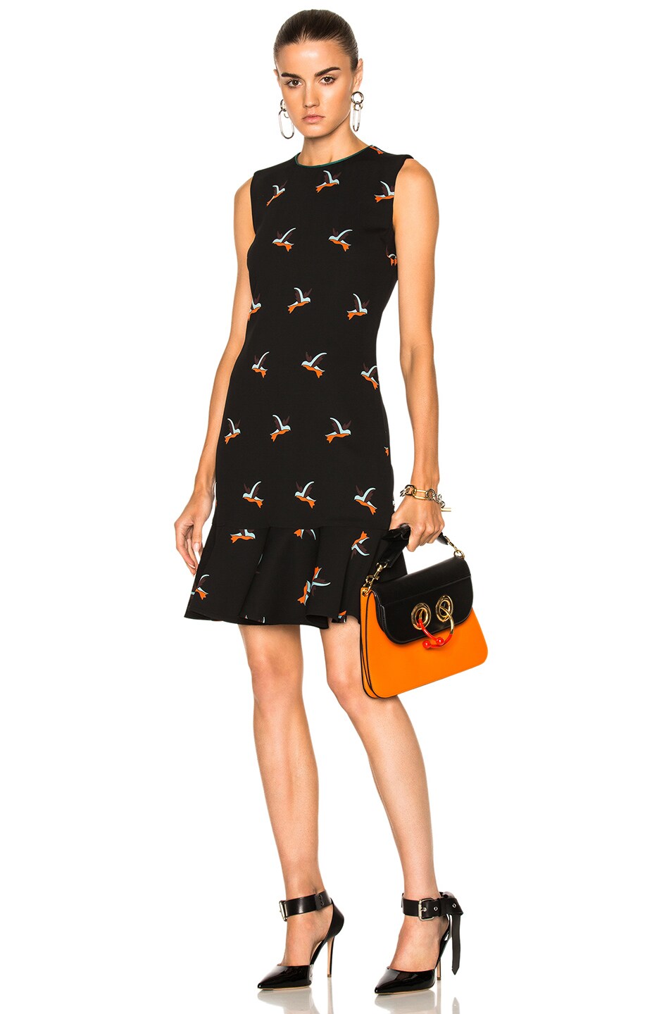 Image 1 of Victoria Victoria Beckham Flounce Hem Dress in Hummingbird Black & Multi