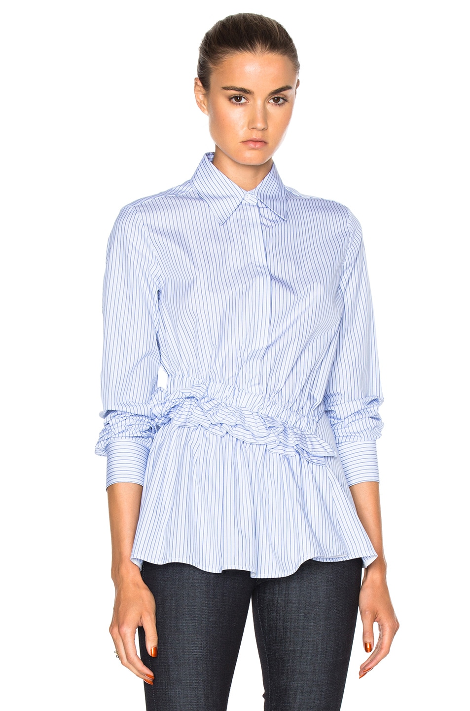 Victoria Victoria Beckham Ruffle Waist Shirt in Blue Stripe | FWRD