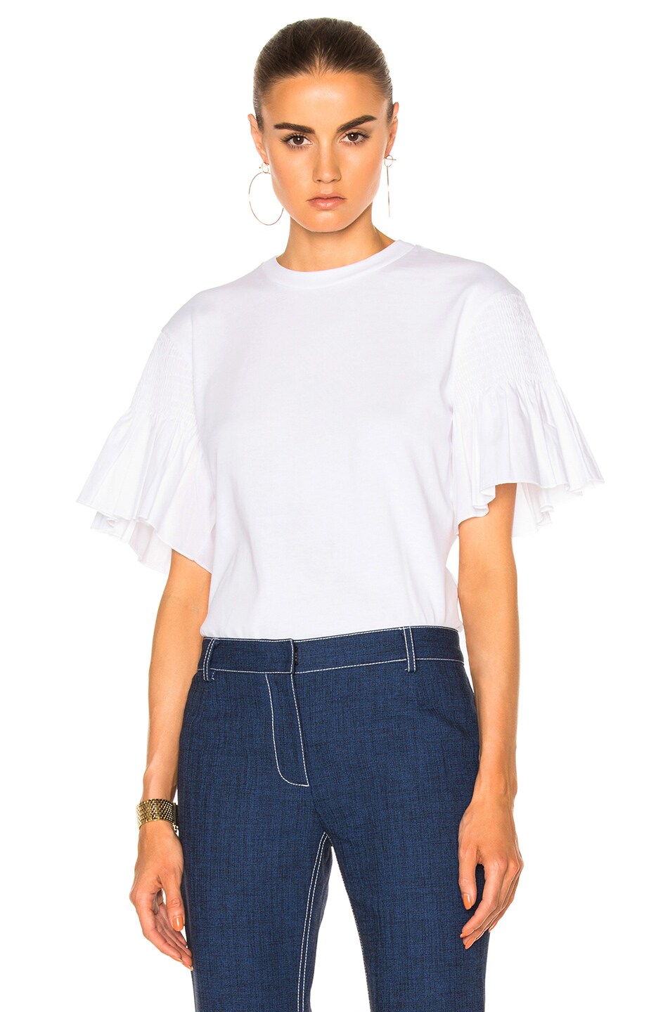 Image 1 of Victoria Victoria Beckham Smocked Sleeve Tee in White