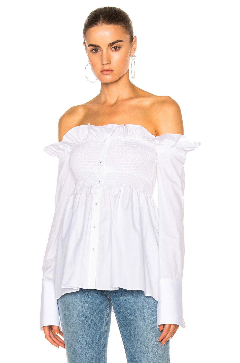 Image 1 of Victoria Victoria Beckham Off-Shoulder Smocked Shirt in White
