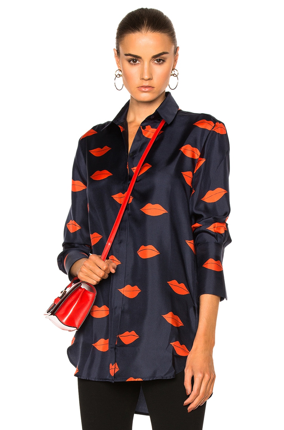 Image 1 of Victoria Victoria Beckham Tux Cuff Shirt in Navy & Red Scattered Lips