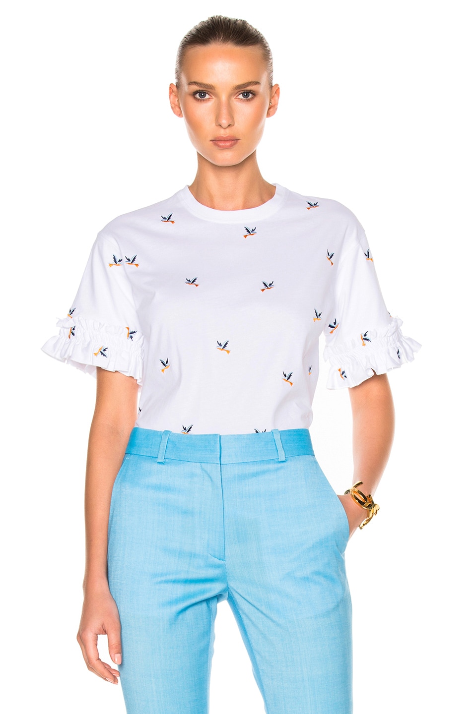 Image 1 of Victoria Victoria Beckham Ruffle Sleeve Tee Shirt in Hummingbird White & Multi