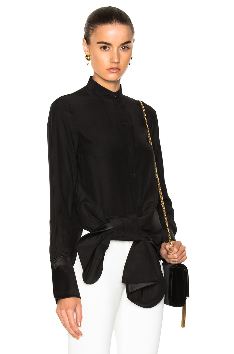 Image 1 of Victoria Victoria Beckham Asymmetric Tux Bow Shirt in Black