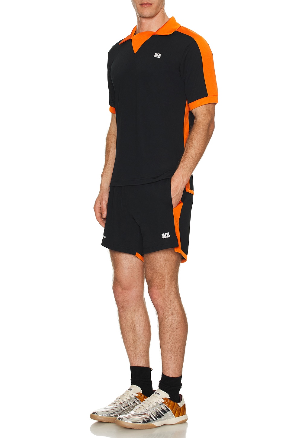 Image 1 of Wales Bonner Home Jersey Shorts in Black & Orange