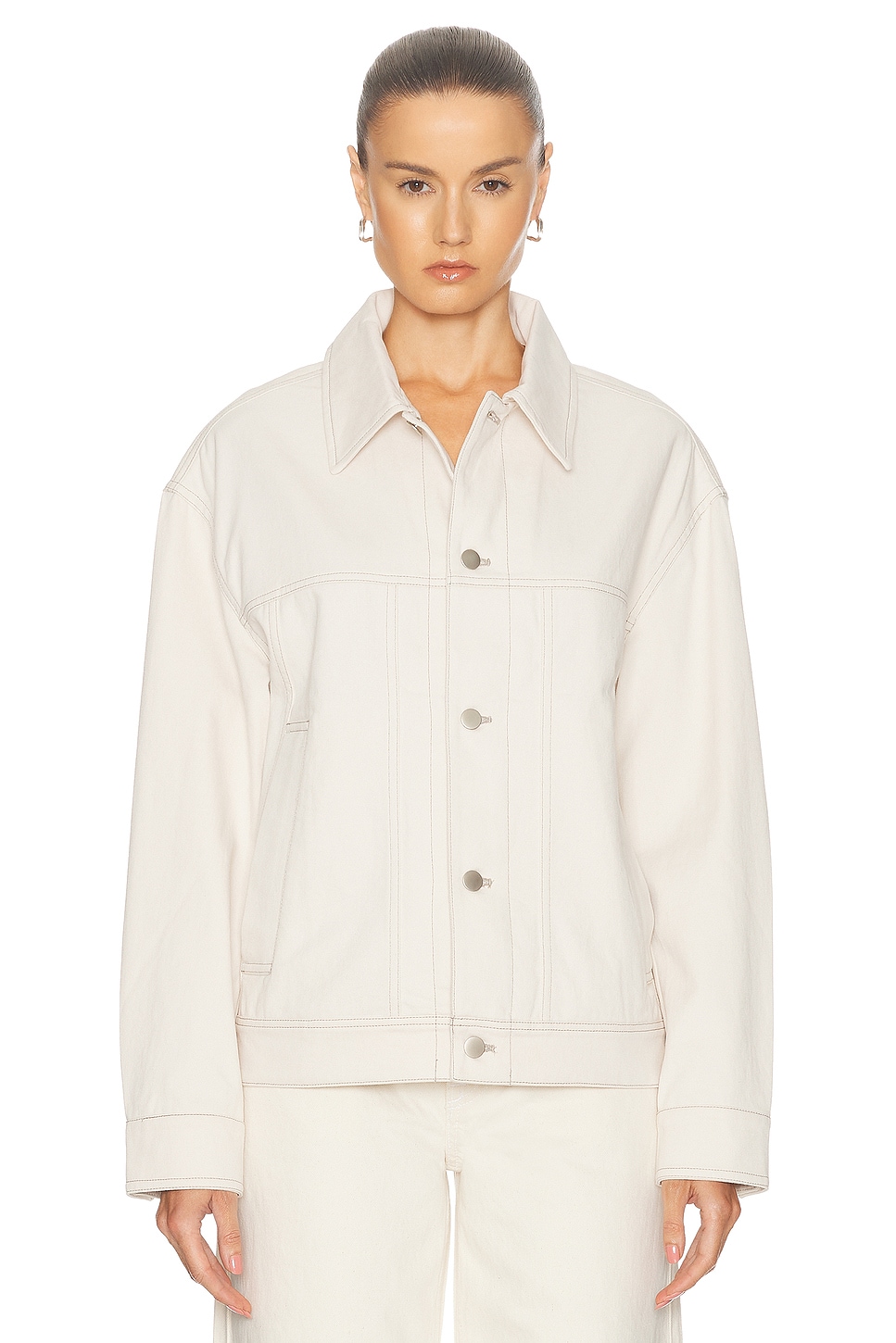 Image 1 of WAO Cotton Twill Trucker Jacket in Ivory