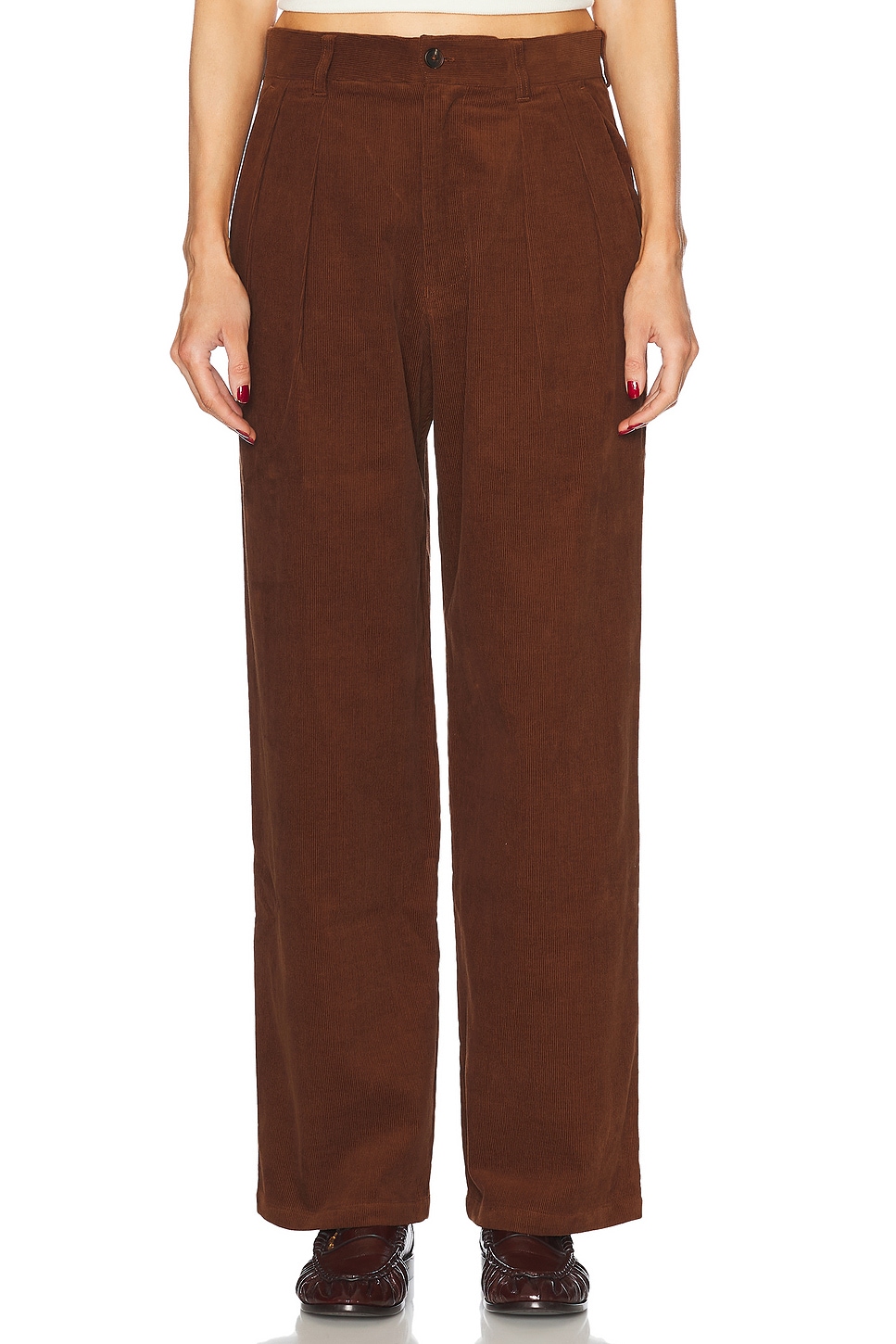 Wide Leg Pleated Corduroy Pant in Brown