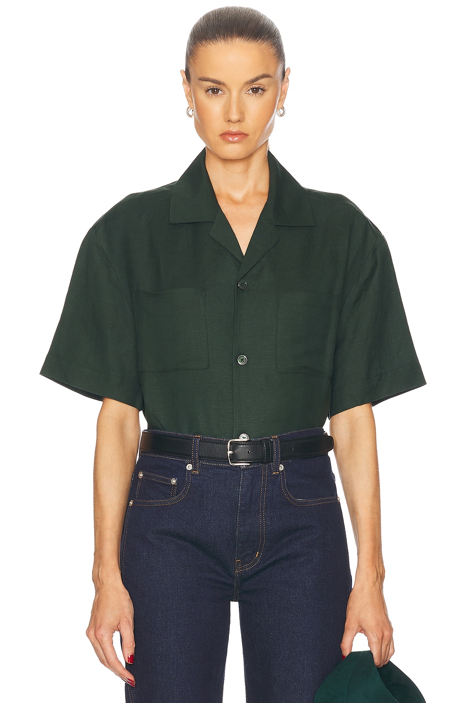 Boxy Linen Shirt in Dark Green