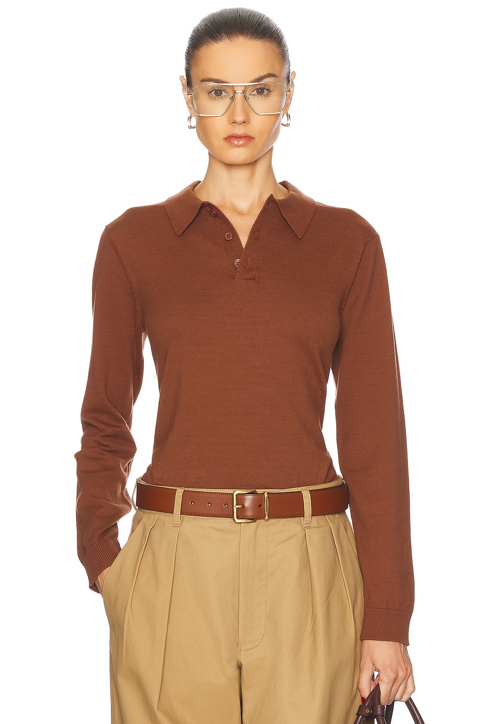 Long Sleeve Knit Polo in in Brown