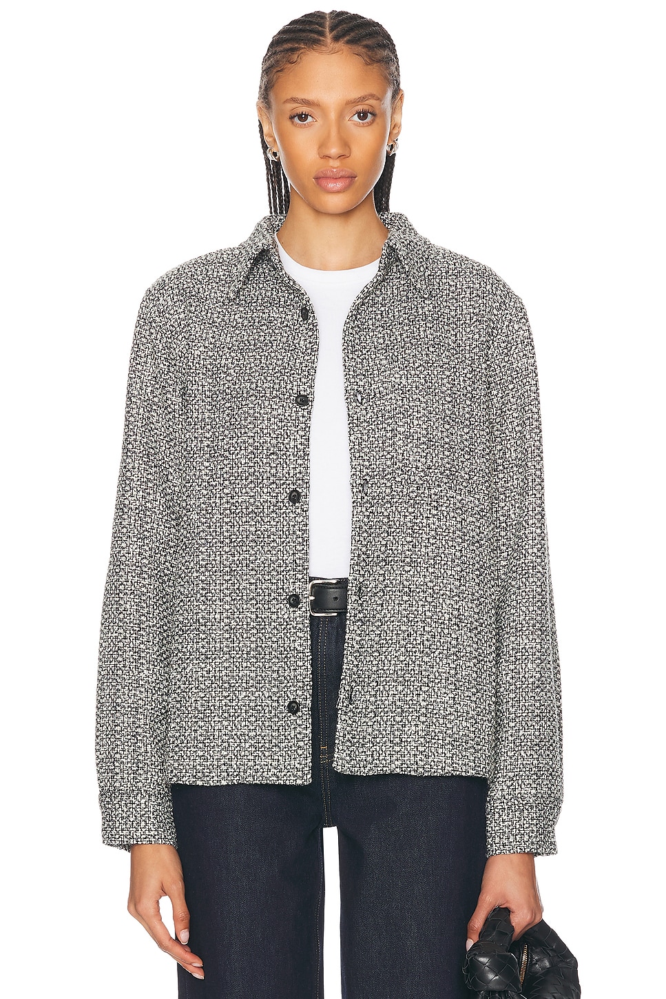 Image 1 of WAO Boucle Tweed Shirt Jacket in black & white