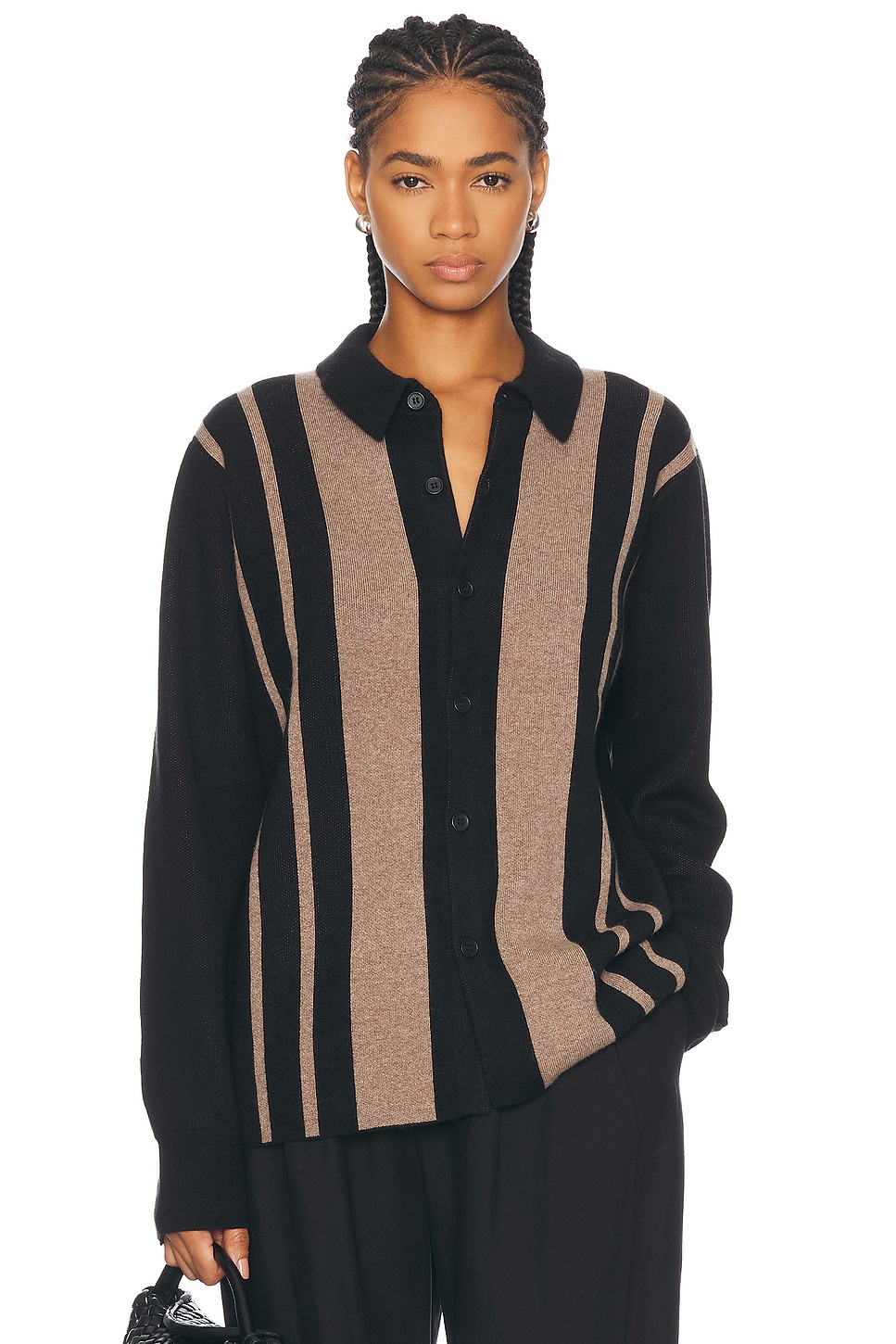 Vertical Stripe Knitted Work Shirt in Black