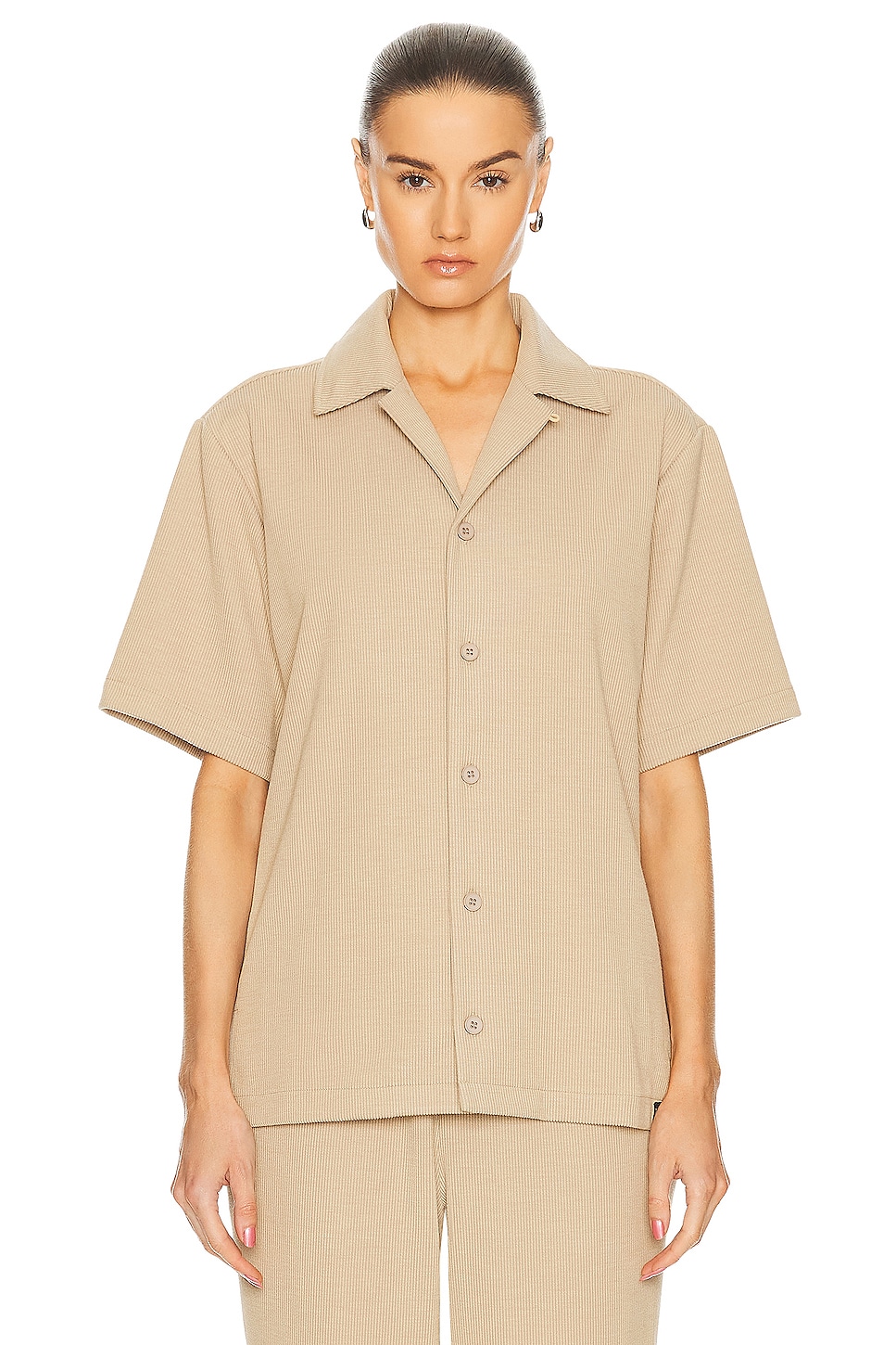 Ribbed Knit Camp Shirt in Beige