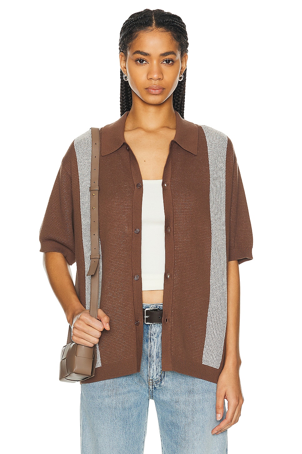 Image 1 of WAO Short Sleeve Knit Shirt in Brown & Cream
