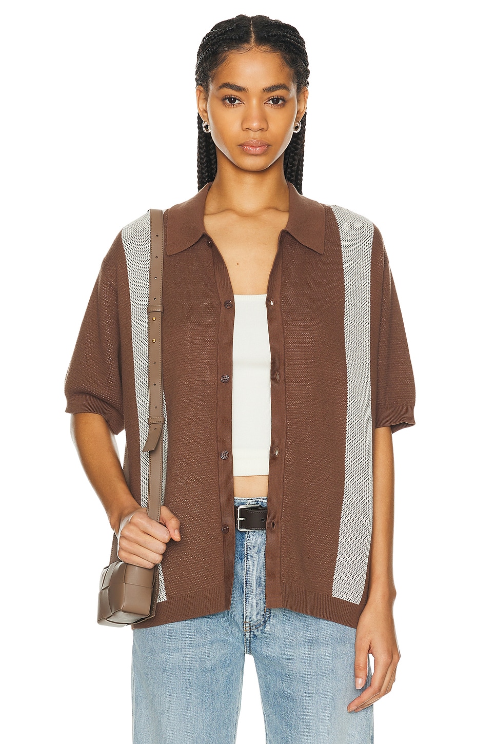 Image 1 of WAO Short Sleeve Knit Shirt in Brown & Cream