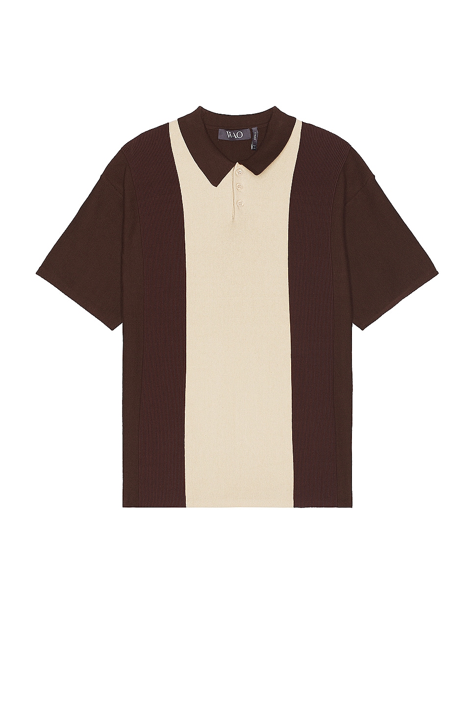 Image 1 of WAO Short Sleeve Stripe Knit Polo in Brown & Natural