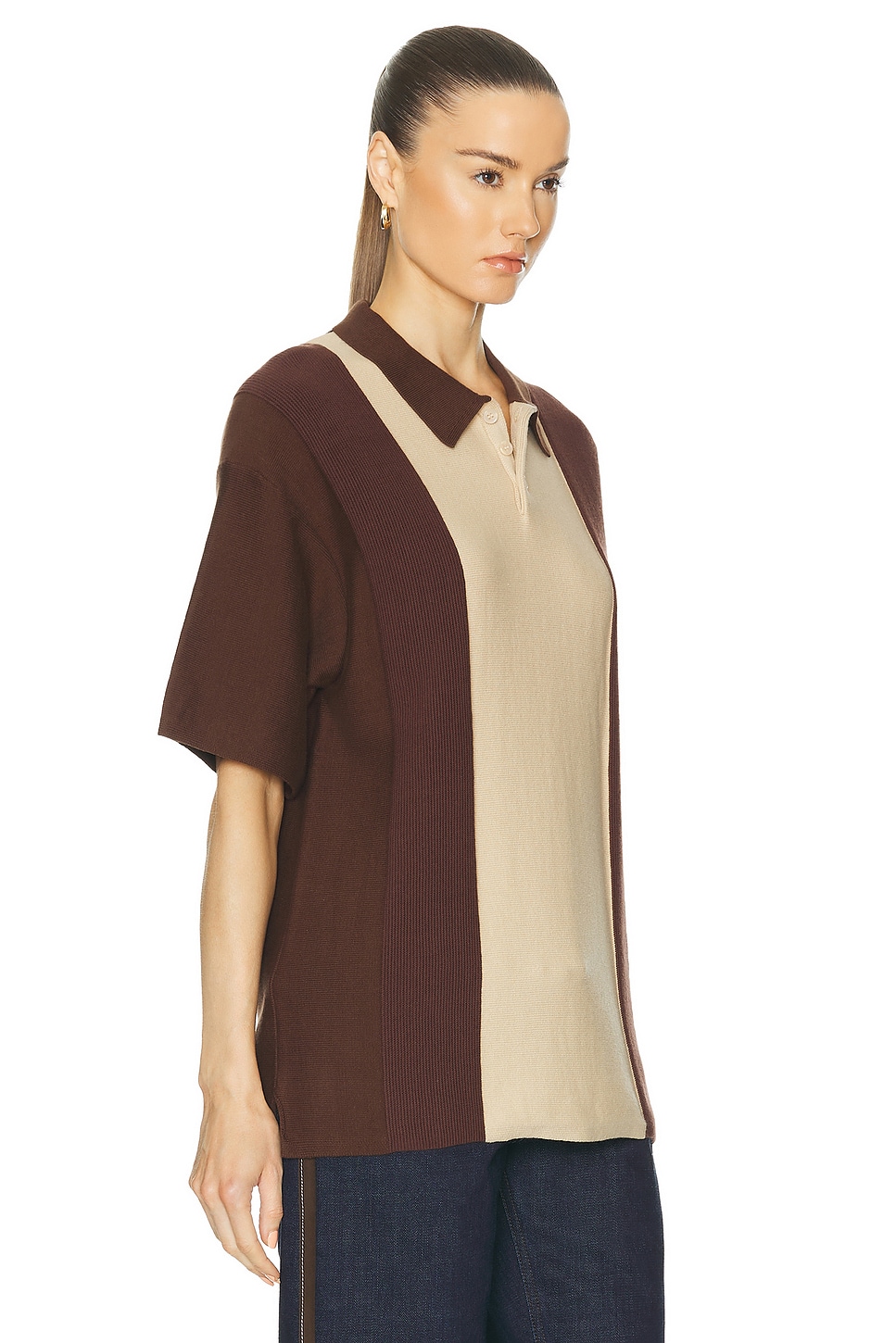 Shop Wao Short Sleeve Stripe Knit Polo In Brown & Natural