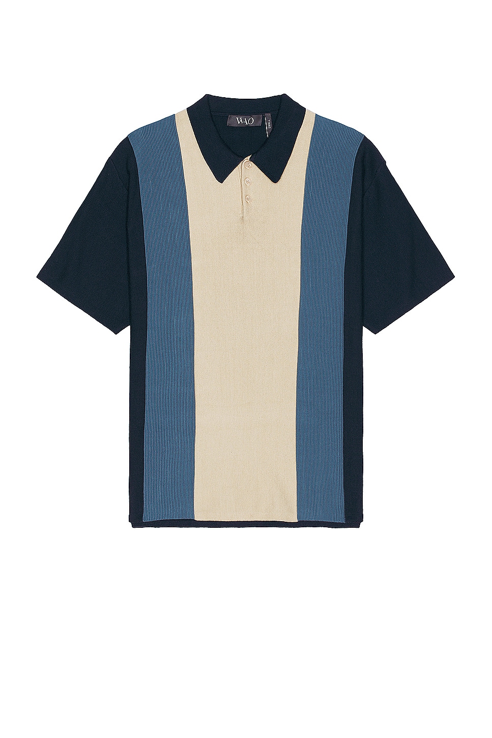 Image 1 of WAO Short Sleeve Stripe Knit Polo in Navy & Gold