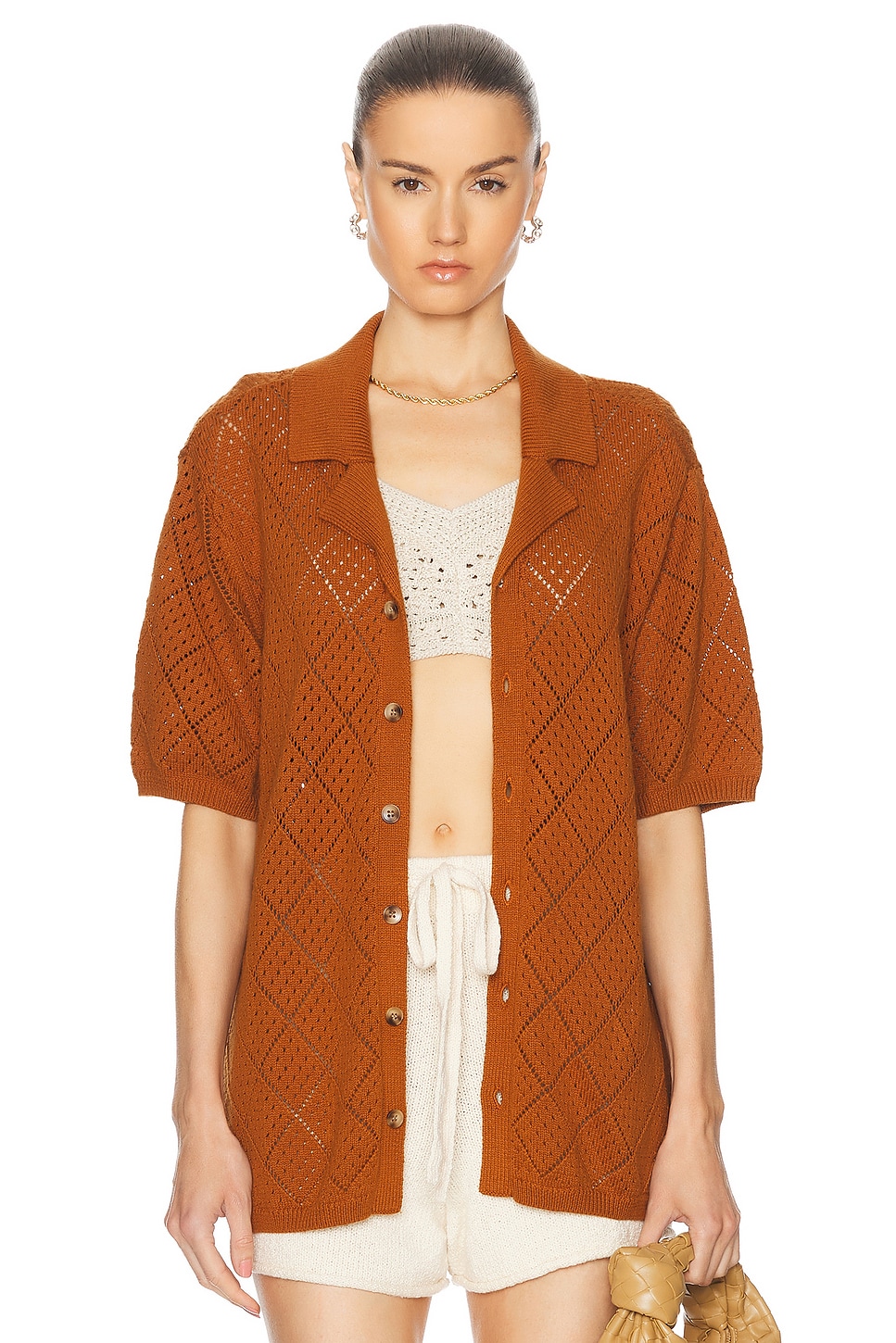 Shop Wao Open Knit Camp Shirt In Brown