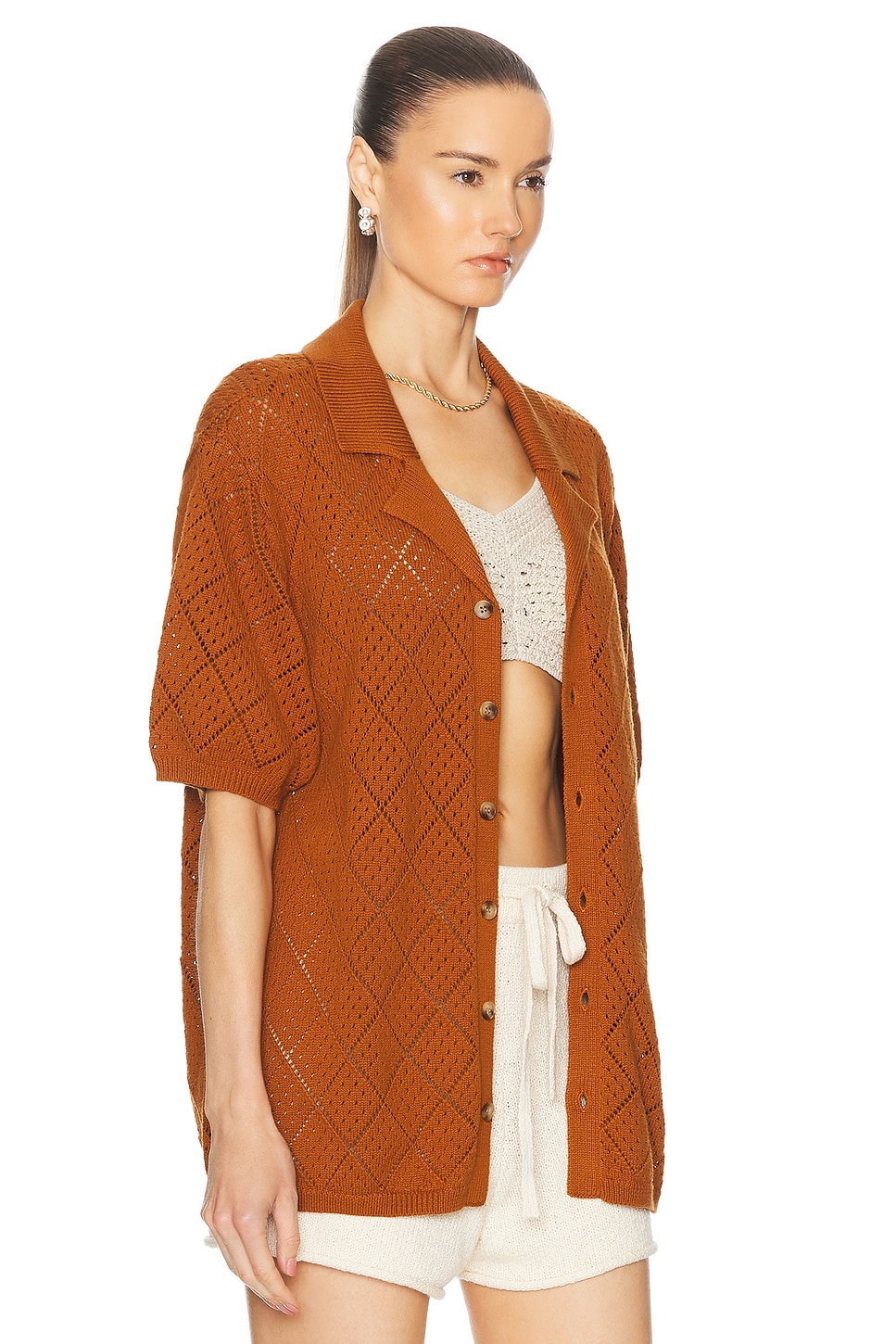 Shop Wao Open Knit Camp Shirt In Brown