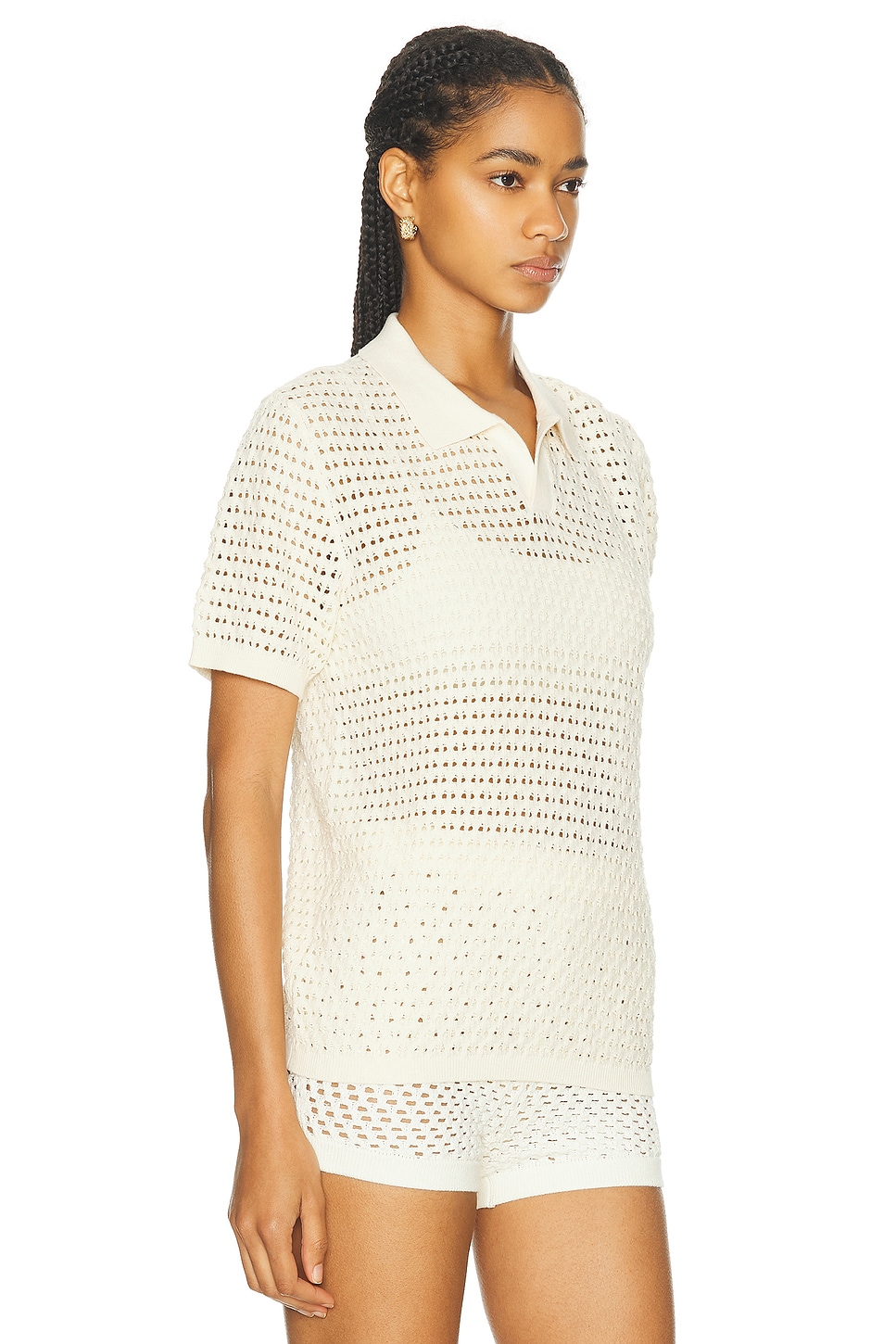 Shop Wao Open Knit Short Sleeve Polo In Cream