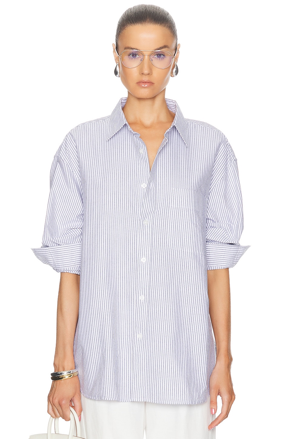 Image 1 of WAO Relaxed Oxford Shirt in Navy Stripe