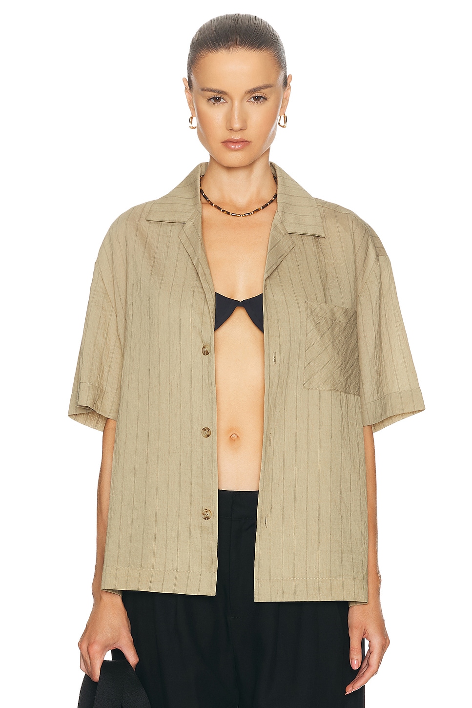 Image 1 of WAO Vertical Stripe Short Sleeve Shirt in Taupe & Black