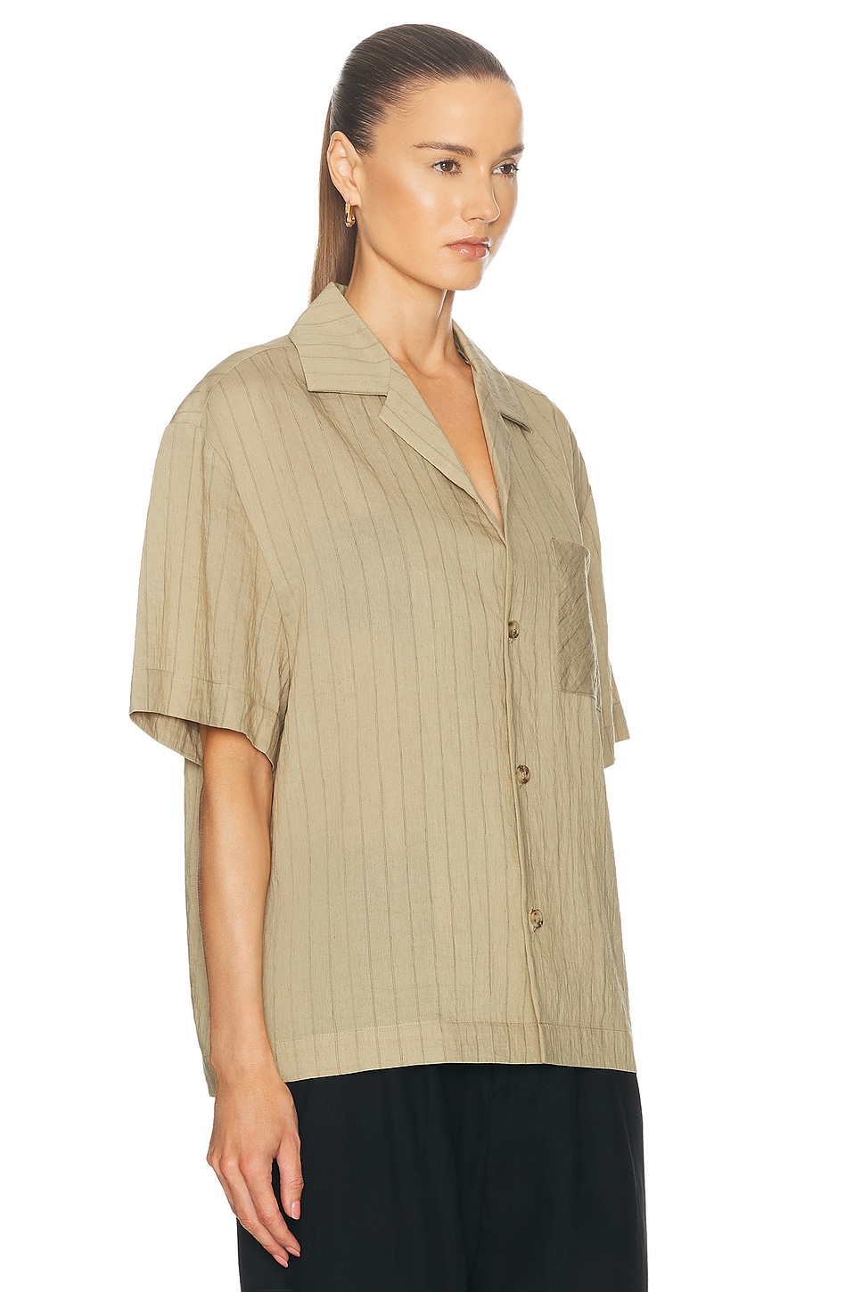 Shop Wao Vertical Stripe Short Sleeve Shirt In Taupe & Black