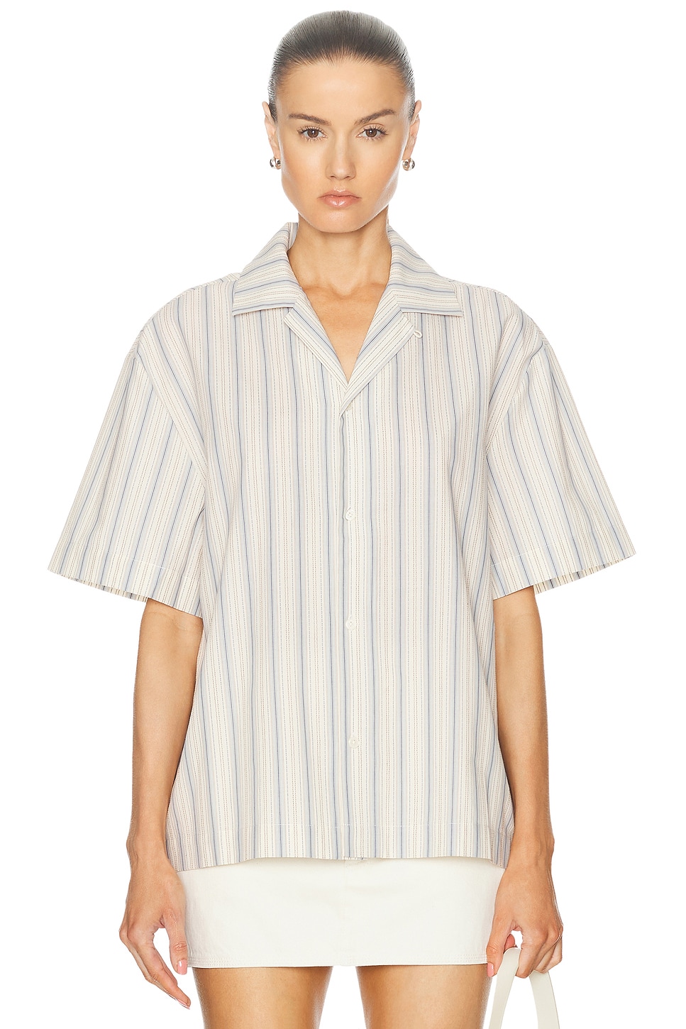 Image 1 of WAO Textured Stripe Camp Shirt in Cream & Blue