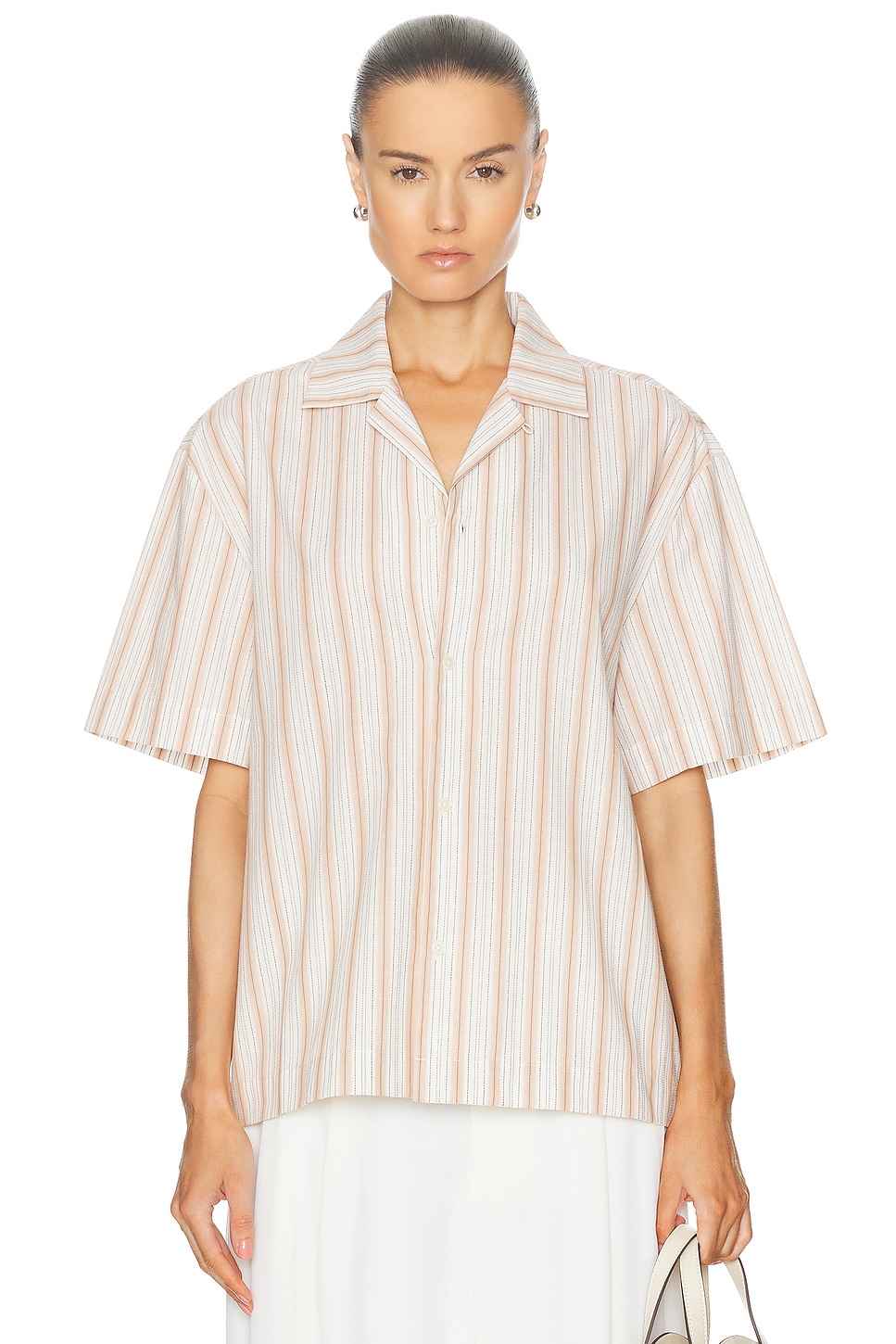 Image 1 of WAO Textured Stripe Camp Shirt in White & Sand