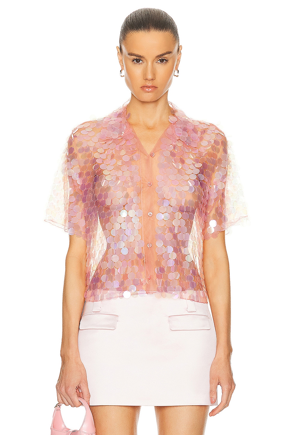 Image 1 of Wiederhoeft Pailettes Cropped Button Up Shirt in Blush