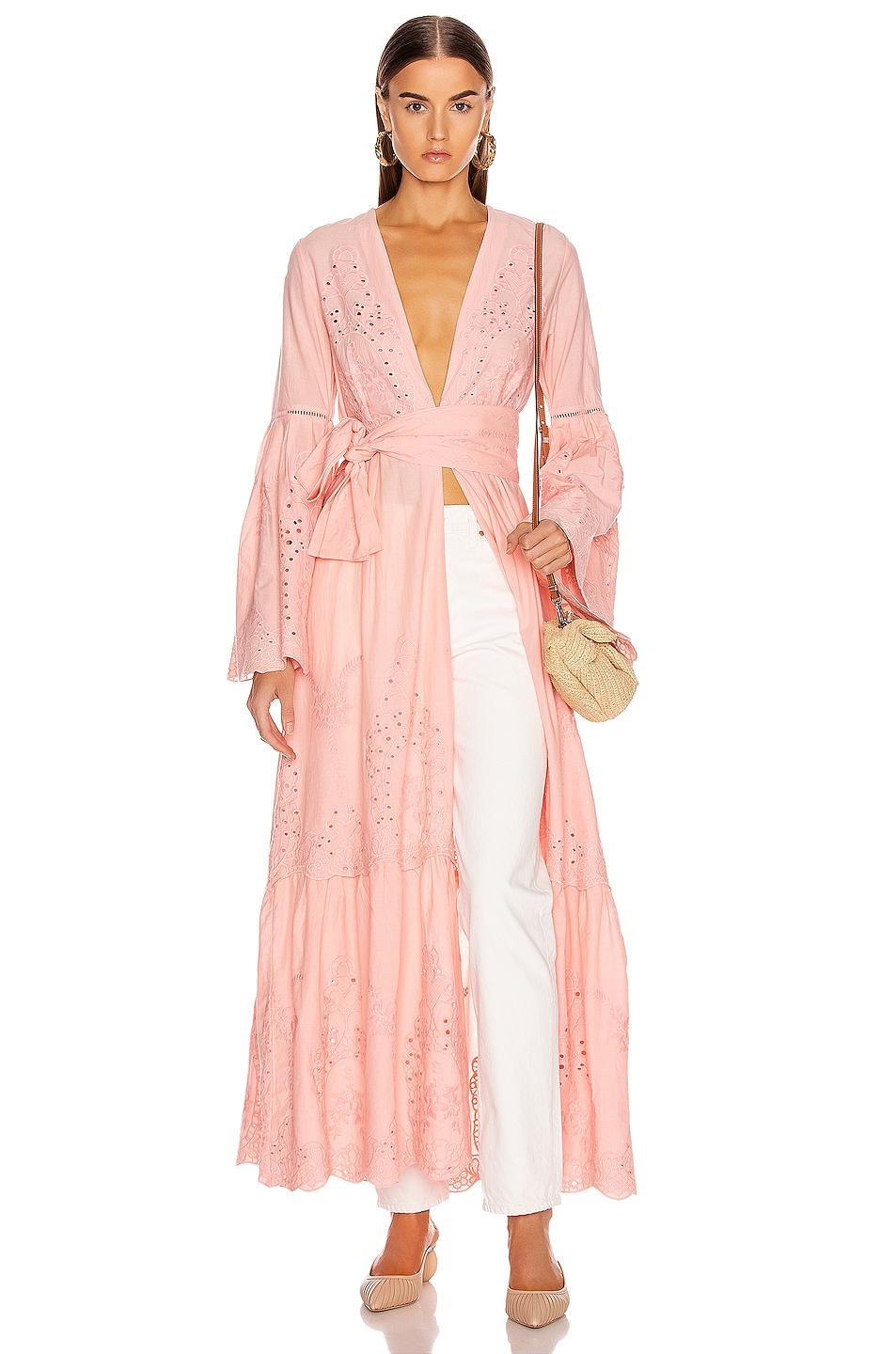 Image 1 of we are LEONE Embroidered Maxi Cardigan in Desert Pink