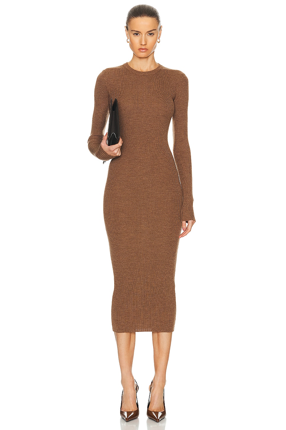 Ribbed Long Sleeve Dress in Brown