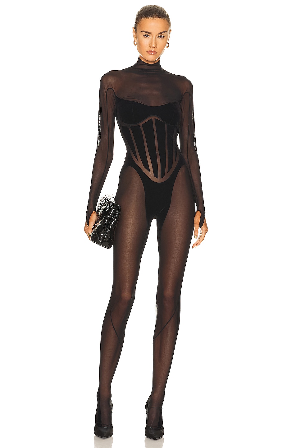Image 1 of Wolford x Mugler Flock Shaping Catsuit in Black