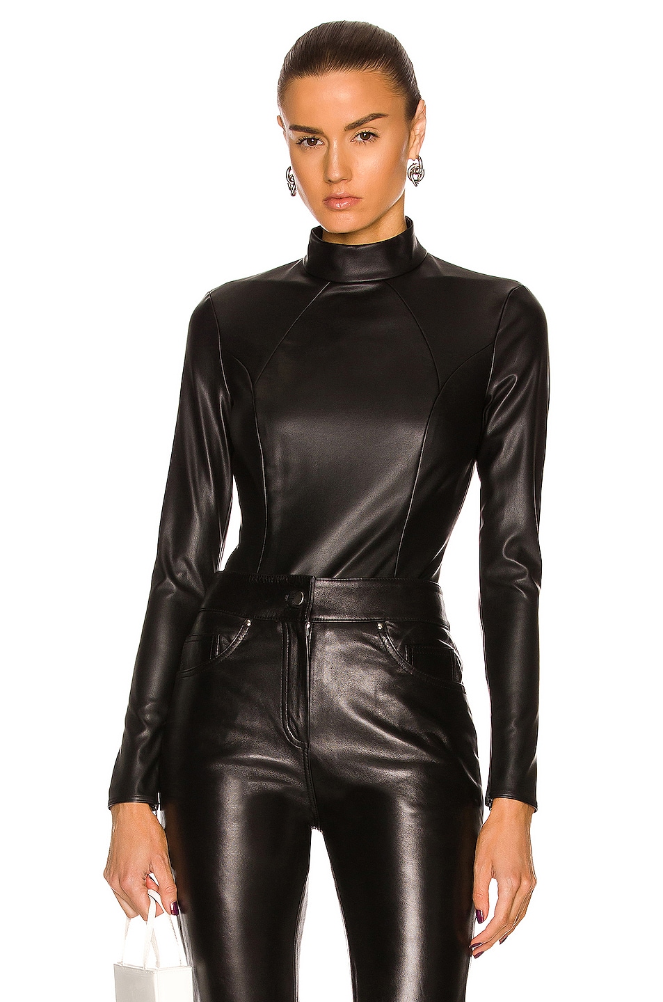Wolford x Amina Muaddi Vegan Leather Bodysuit in Black | FWRD